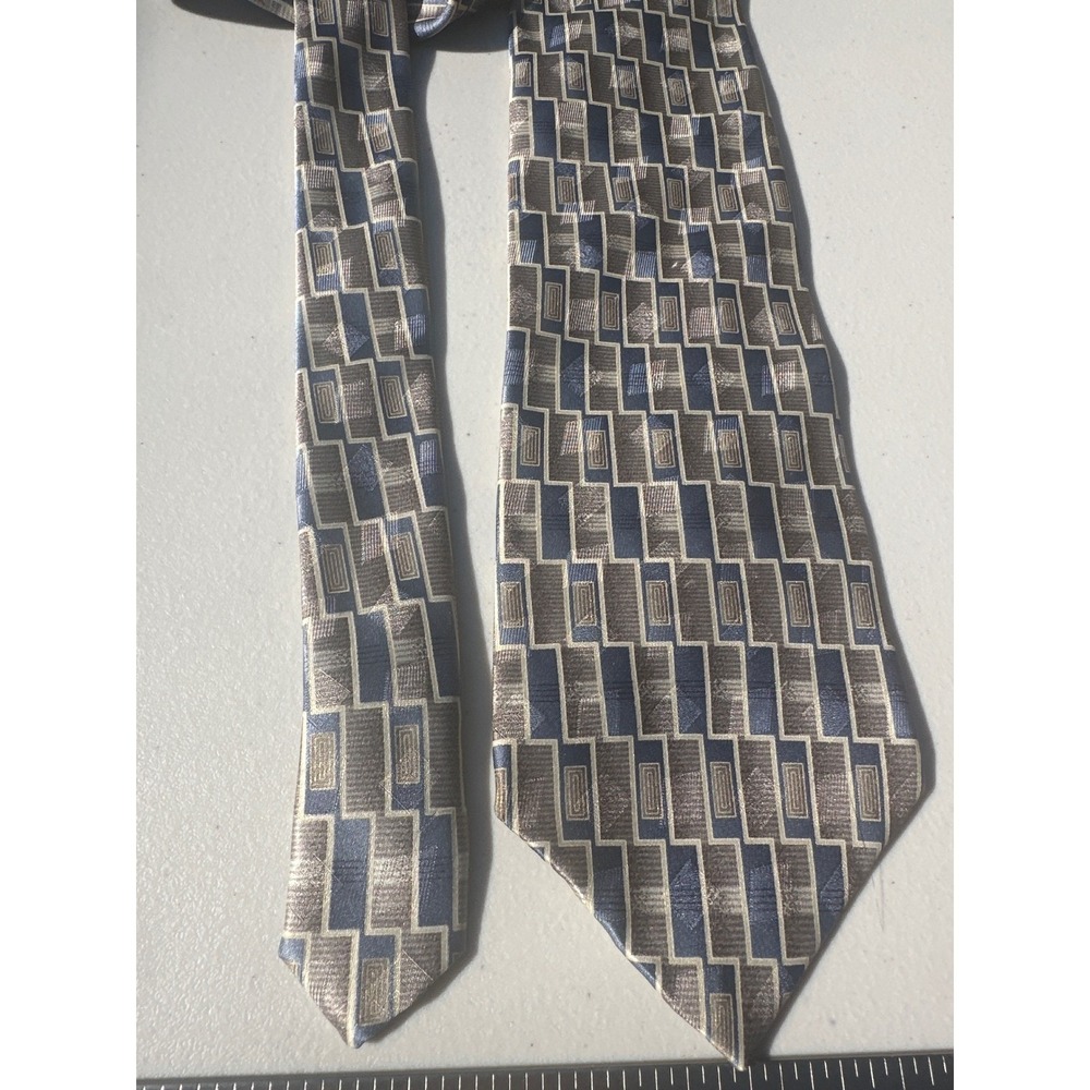 Pierre Cardin Mens Silk Tie Blue Silver Gold Geometric Block X-Long Necktie